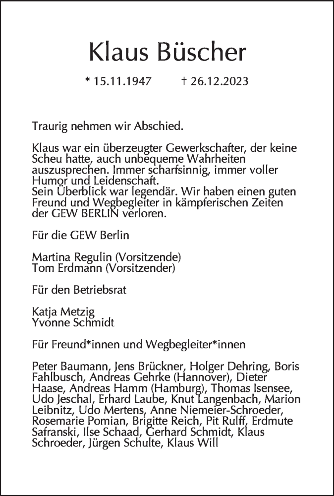  Traueranzeige für Klaus Büscher vom 07.01.2024 aus Tagesspiegel