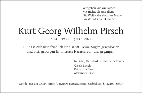 Traueranzeige von Kurt Georg Wilhelm Pirsch von Tagesspiegel