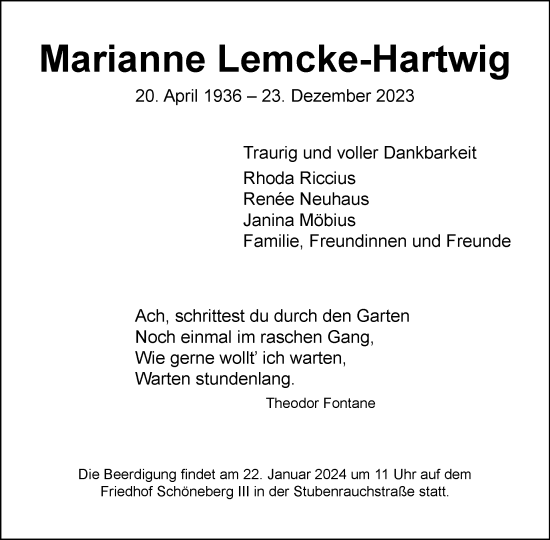 Traueranzeige von Marianne Lemcke-Hartwig von Tagesspiegel
