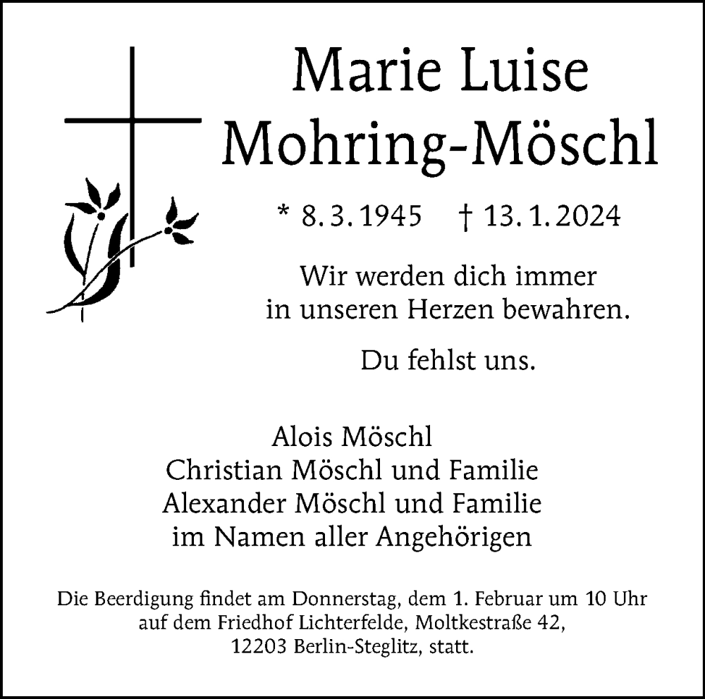  Traueranzeige für Marie Luise Mohring-Möschl vom 28.01.2024 aus Tagesspiegel