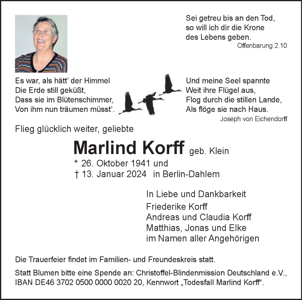  Traueranzeige für Marlind Korff vom 21.01.2024 aus Tagesspiegel