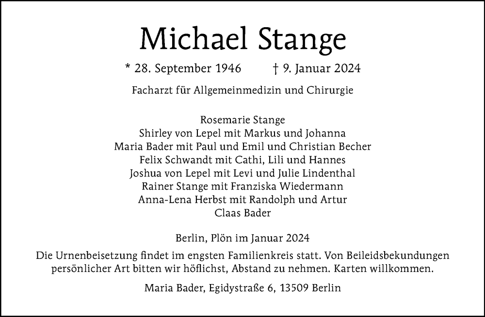  Traueranzeige für Michael Stange vom 21.01.2024 aus Tagesspiegel