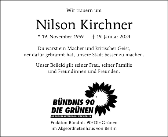 Traueranzeige von Nilson Kirchner von Tagesspiegel