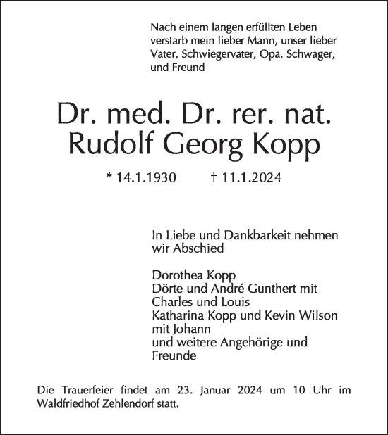 Traueranzeige von Rudolf Georg Kopp von Tagesspiegel