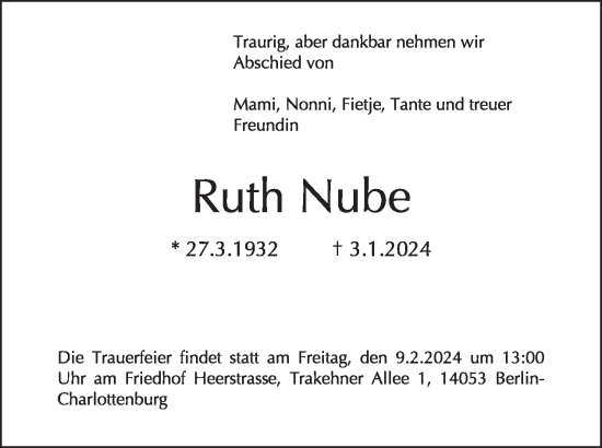 Traueranzeige von Ruth Nube von Tagesspiegel