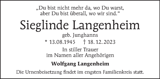 Traueranzeige von Sieglinde Langenheim von Tagesspiegel