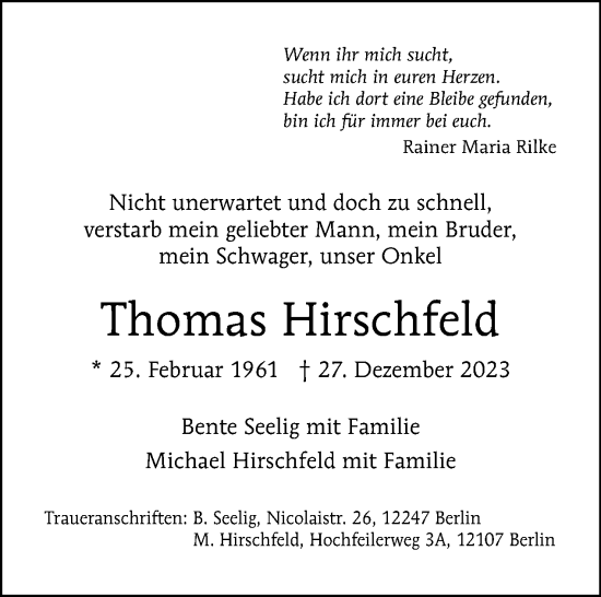 Traueranzeige von Thomas Hirschfeld von Tagesspiegel