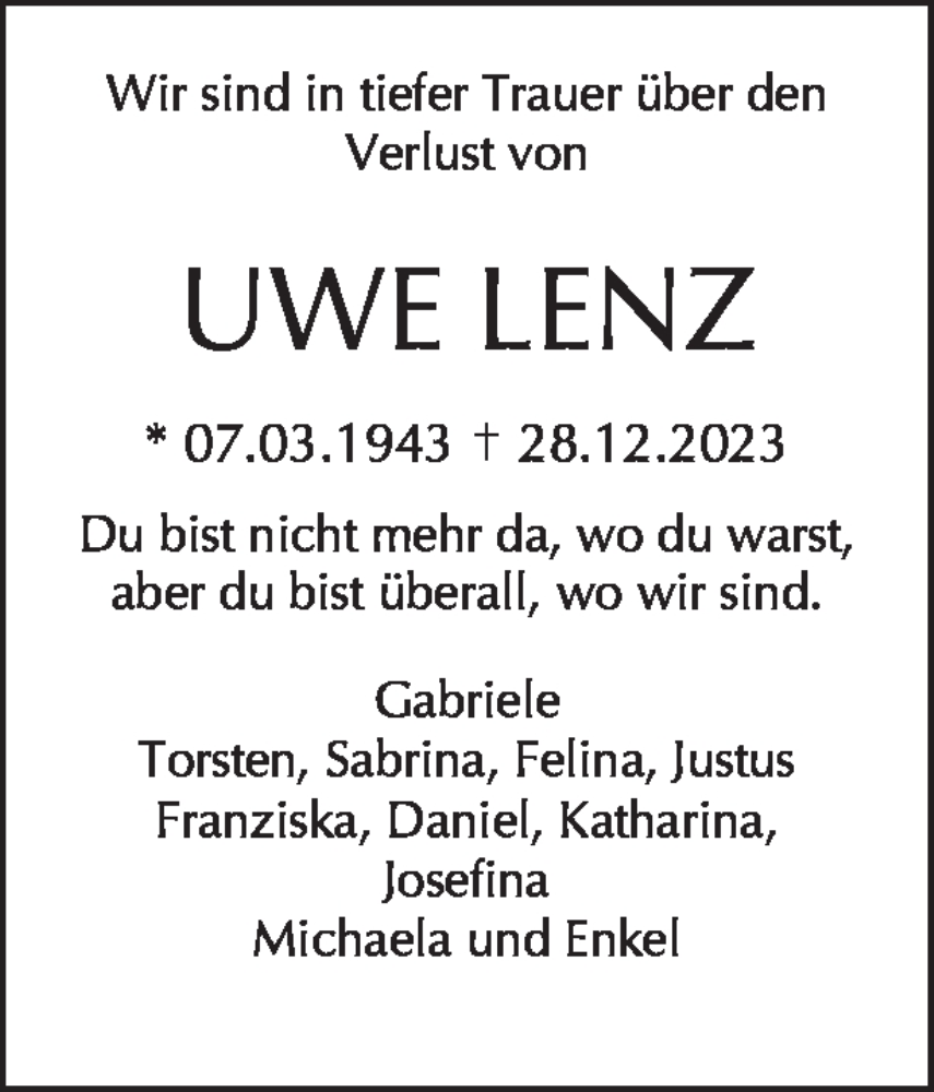  Traueranzeige für Uwe Lenz vom 07.01.2024 aus Tagesspiegel