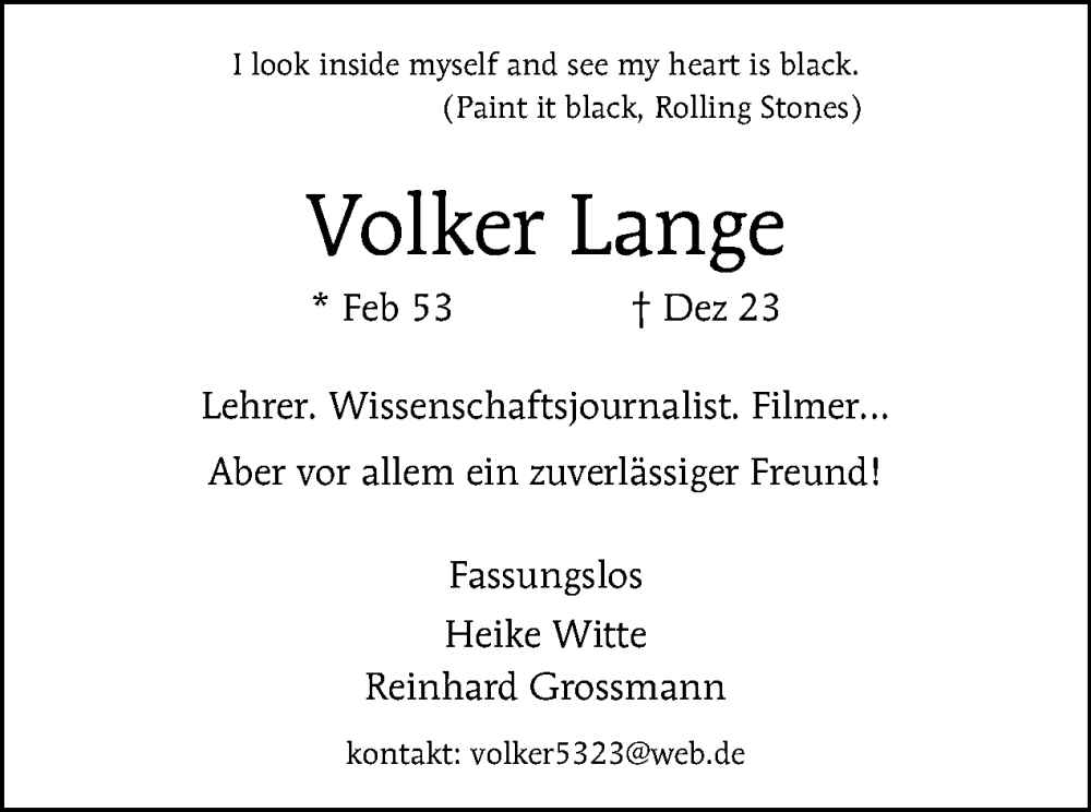  Traueranzeige für Volker Lange vom 07.01.2024 aus Tagesspiegel