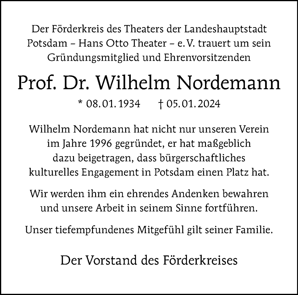  Traueranzeige für Wilhelm Nordemann vom 13.01.2024 aus Tagesspiegel