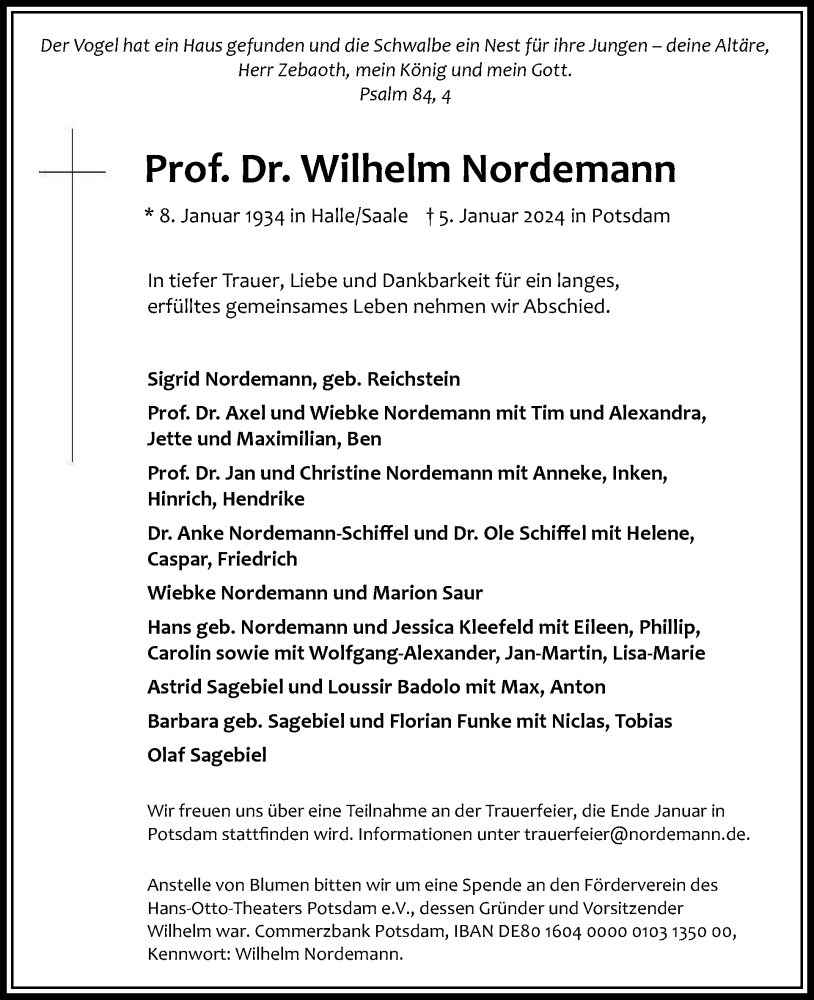  Traueranzeige für Wilhelm Nordemann vom 13.01.2024 aus Tagesspiegel