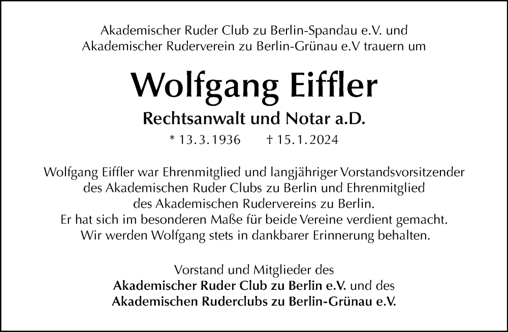  Traueranzeige für Wolfgang Eiffler vom 28.01.2024 aus Tagesspiegel