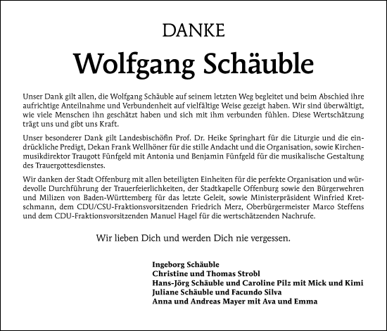 Traueranzeige von Wolfgang Schäuble von Tagesspiegel