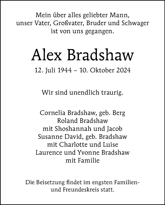 Traueranzeige von Alex Bradshaw von Tagesspiegel