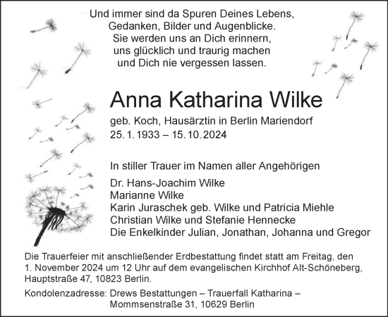 Traueranzeige von Anna Katharina Wilke von Tagesspiegel