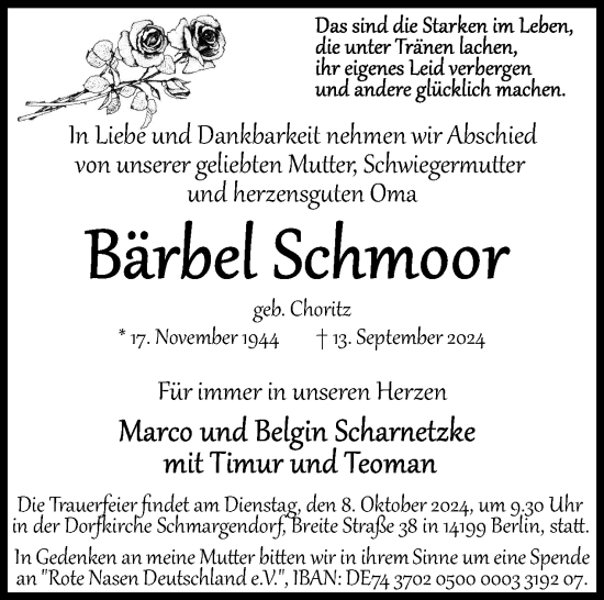 Traueranzeige von Bärbel Schmoor von Tagesspiegel