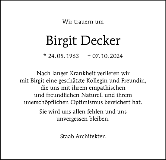 Traueranzeige von Birgit Decker von Tagesspiegel