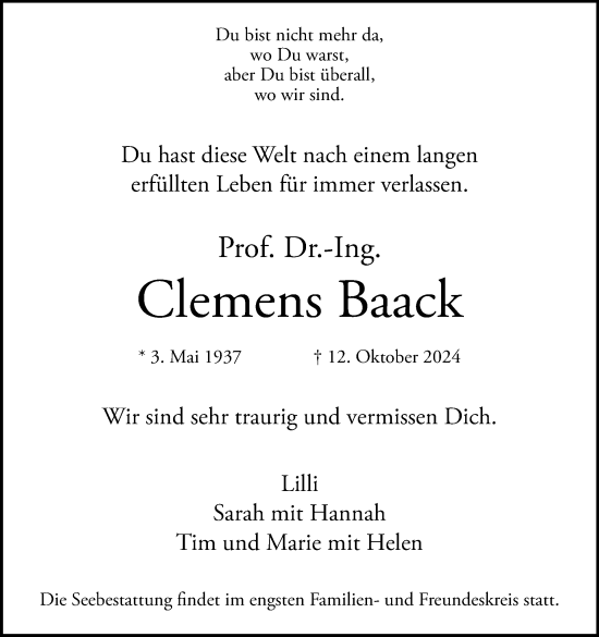 Traueranzeige von Clemens Baack von Tagesspiegel