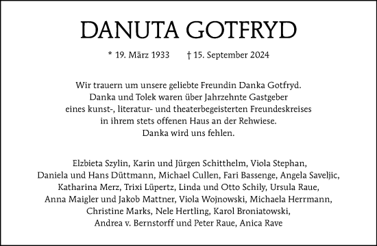 Traueranzeige von Danuta Gotfryd von Tagesspiegel