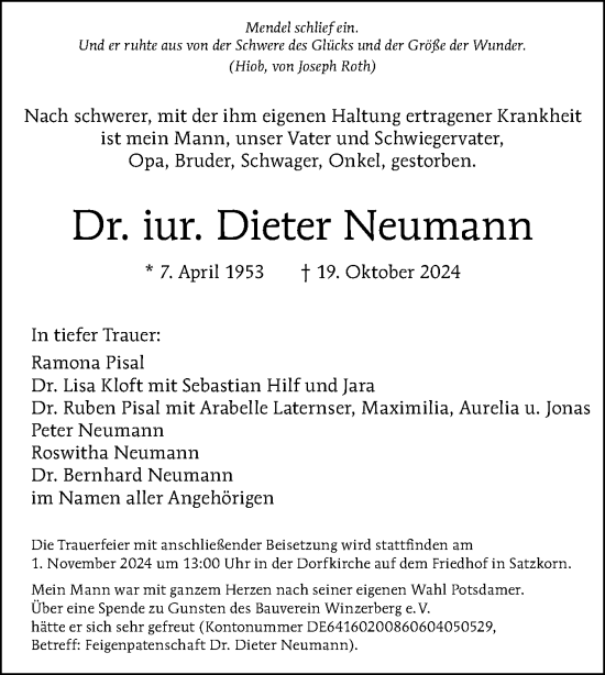 Traueranzeige von Dieter Neumann von Tagesspiegel