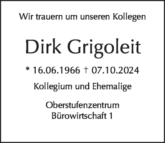 Traueranzeige von Dirk Grigoleit von Tagesspiegel