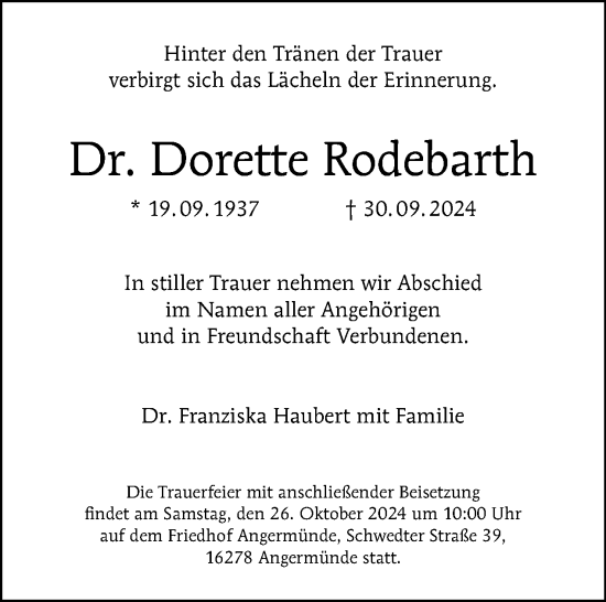 Traueranzeige von Dorette Rodebarth von Tagesspiegel