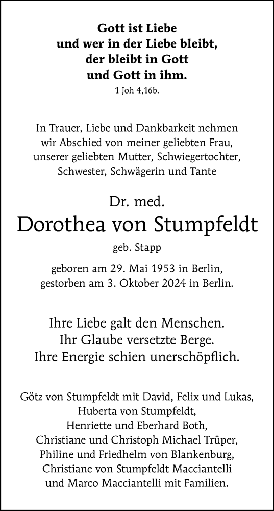 Traueranzeige von Dorothea von Stumpfeldt von Tagesspiegel