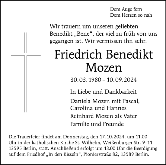 Traueranzeige von Friedrich Benedikt Mozen von Tagesspiegel