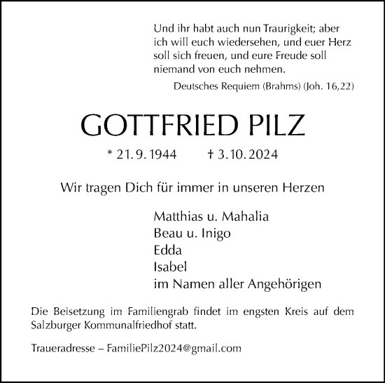 Traueranzeige von Gottfried Pilz von Tagesspiegel