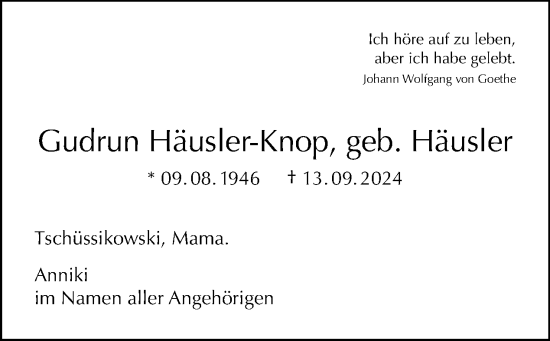 Traueranzeige von Gudrun Häusler-Knop von Tagesspiegel
