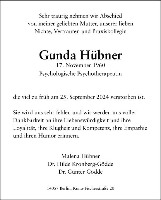 Traueranzeige von Gunda Hübner von Tagesspiegel