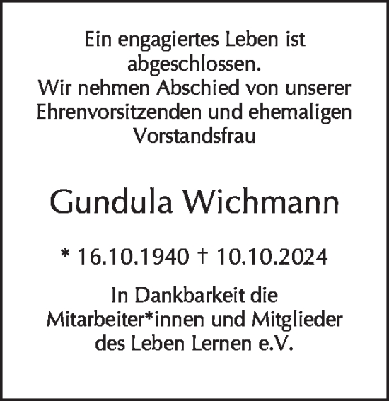 Traueranzeige von Gundula Wichmann von Tagesspiegel