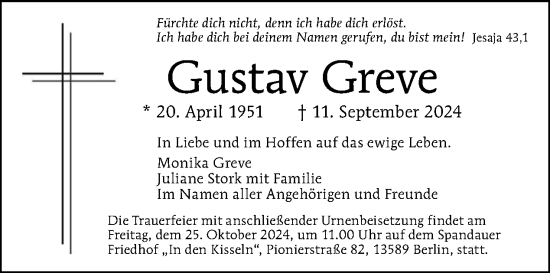 Traueranzeige von Gustav Greve von Tagesspiegel