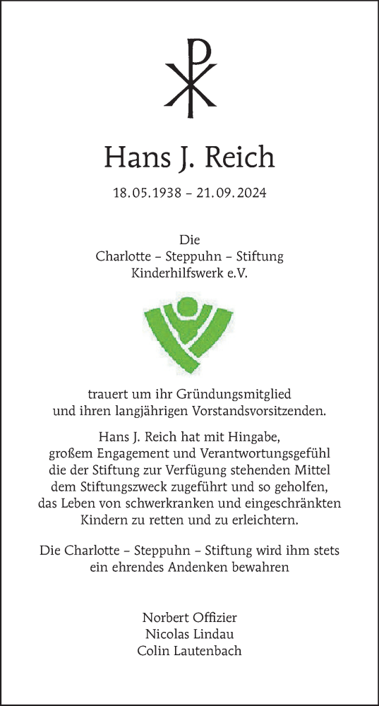 Traueranzeige von Hans Reich von Tagesspiegel