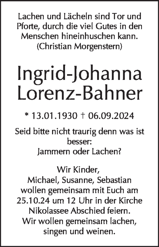Traueranzeige von Ingrid-Johanna Lorenz-Bahner von Tagesspiegel