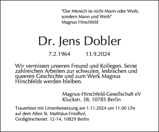 Traueranzeige von Jens Dobler von Tagesspiegel