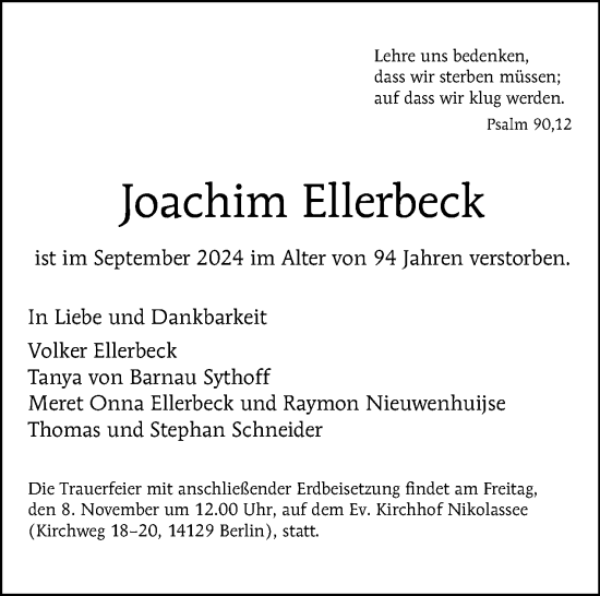 Traueranzeige von Joachim Ellerbeck von Tagesspiegel