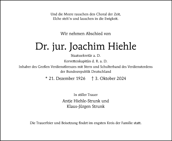 Traueranzeige von Joachim Hiehle von Tagesspiegel