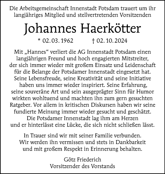 Traueranzeige von Johannes Haerkötter von Tagesspiegel