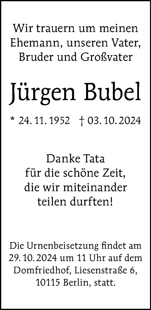 Traueranzeige von Jürgen Bubel von Tagesspiegel