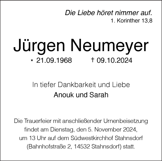 Traueranzeige von Jürgen Neumeyer von Tagesspiegel