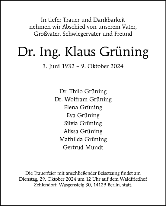 Traueranzeige von Klaus Grüning von Tagesspiegel