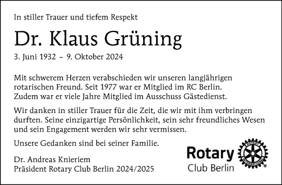 Traueranzeige von Klaus Grüning von Tagesspiegel