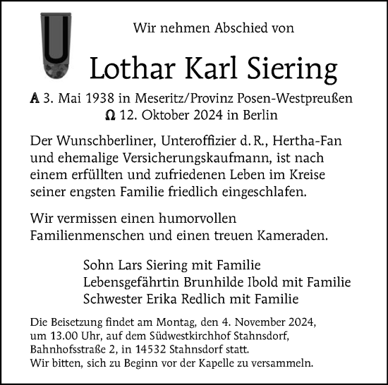 Traueranzeige von Lothar Karl Siering von Tagesspiegel