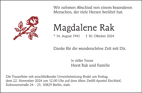 Traueranzeige von Magdalena Rak von Tagesspiegel