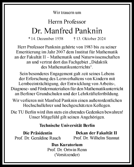 Traueranzeige von Manfred Panknin von Tagesspiegel