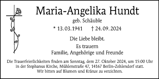 Traueranzeige von Maria-Angelika Hundt von Tagesspiegel