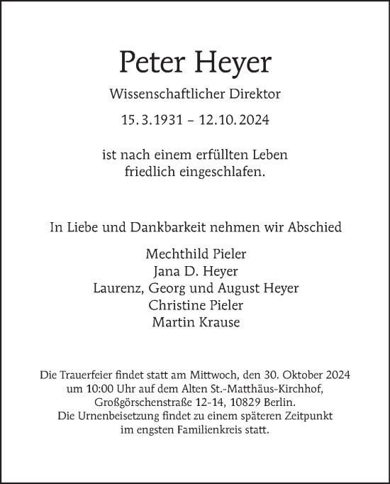 Traueranzeige von Peter Heyer von Tagesspiegel