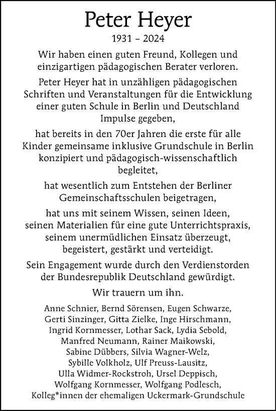Traueranzeige von Peter Heyer von Tagesspiegel