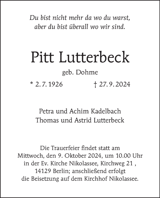 Traueranzeige von Pitt Lutterbeck von Tagesspiegel